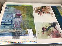 Large test print showing colorful layered graphics, text, and grids with registration marks, size approx 26 x 38 inches.