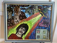 The full painting showing an alien attack with a person, buildings, and the spaceship firing a beam.