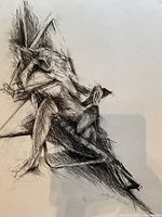 First charcoal abstract nude drawing by Lesley Rubin, signed and dated 1982. Depicts geometric shapes and a seated nude figure in angular style on paper.