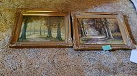 Two framed landscape paintings side by side on carpeted floor, ornate gold frames, autumn tree scenes.