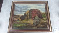 Framed oil on board painting titled 'Signs of Autumn' showing autumn trees and cows.