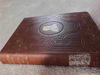 Brown hardcover book with embossed design, visible wear on spine and front cover