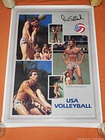 Full view of vintage 1983 USA Men's Volleyball Team poster featuring Tom Selleck in multiple images showing volleyball action and poses, with Tom Selleck's printed signature and USA Volleyball logo.