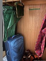 Blue Kelsey suitcase on wheels positioned beside a green hanging wardrobe bag inside a closet or storage space.