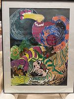 Full frontal image of the original colorful mixed media artwork titled 'Mishap', framed with a mat and glass, showing vibrant abstract patterns and animal imagery.