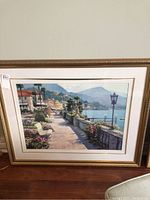 Photo of the framed print showing the European waterfront promenade with benches, flowers, and mountains in the background.