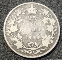 Reverse side of 1936 Canadian 25 Cents silver coin depicting the denomination under crown and maple leaf wreath.