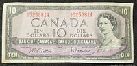 Front of the 1954 Bank of Canada $10 note showing Queen Elizabeth II and serial number.