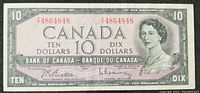 Front side of the 1954 Bank of Canada $10 bill showing Queen Elizabeth II portrait and serial numbers.