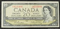 Front of the 1954 Bank of Canada 20 dollar note featuring the portrait of Queen Elizabeth II and serial number.