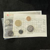 Six Canadian coins from 1990 displayed with original informational sheet, encased in transparent sealed plastic.