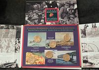 Display card showing all five Canada Remembers WW2 medallions with background paintings and bilingual titles.