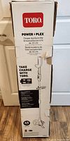 Photo of the Toro Power Plex 13 inch string trimmer/edger original box, showing branding and model information.