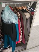 View of six women's winter and fall coats in closet showing various colors and textures including teal, leopard print, gray with faux fur collar, red, and black with plastic cover.