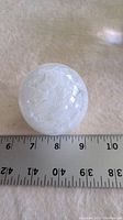 White lace Murano glass paperweight with label and ruler for size reference