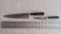 Photo showing both Sabatier knives alongside a ruler for size reference. Larger chef knife is about 43cm total length, smaller knife about 22cm total length.