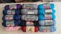 Photo showing 12 skeins of Caron Simply Soft yarn arranged on table in assorted colors including blue, purple, gray, pink, teal, black, and red.