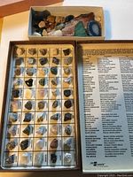 Display box containing 50 mineral samples arranged in individual compartments with labels.