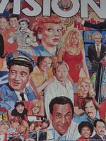 Close-up of puzzle artwork showing several TV characters including a police officer, a red-haired woman, and other actors from classic television shows.