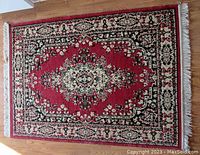 Top view of rectangular oriental style woven area rug with detailed medallion pattern and fringe on ends