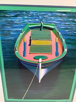 Close-up of the rowboat print illustrating the vibrant colors and torn edge style.