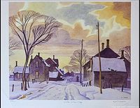 Front view of the large lithograph print showing the entire "Winter in the Village" scene by A.J. Casson.