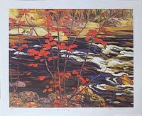 Close-up straight-on view of the lithograph showing the red maple tree with vibrant fall colors and the flowing river background, with signature and edition number on the border.