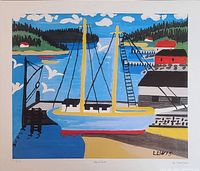 Full front view of the lithograph print showing the colorful harbor scene with a sailboat, buildings, and sky.