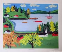 Frontal photo of large print lithograph with colorful depiction of harbor, houses, trees, and boats.