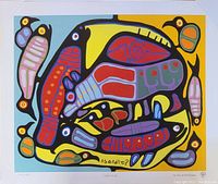 Front view of the colorful lithograph print 'Circle of Life' by Norval Morrisseau, brightly colored with Indigenous art motifs, signed.