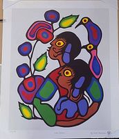 Full view of the large, vibrant colorful print lithograph by Norval Morrisseau titled 'Cosmic Children' featuring stylized figures and birds in bright colors on white background.