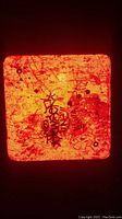 Front photo showing the orange-red reflective surface with rust, graffiti, and mounting holes.