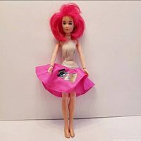 Full frontal photo of Kimber doll displaying pink hair and outfit with visible wear on clothing.