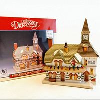 Porcelain lighted Ridley Station village building from Lemax Dickensvale with original box in background