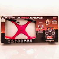Front of the new boxed Sky Thunder RC D360 Drone package showing red drone and remote control, along with key features.