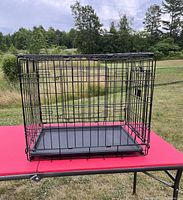 Black metal wire pop up pet kennel set on red surface outdoors, showing front and side view with open door.