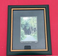 Framed photo of Lemoine Point hiking path with dark green and wood-colored frame, shown against a red background.