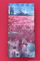 Modern art piece in blues and pinks with abstract landscape and circular patterns