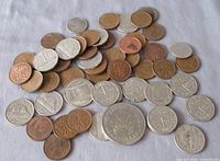 Pile of mixed Canadian coins showing different denominations, primarily pennies, quarters, and others in a scattered layout on a neutral surface.