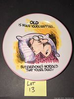Plate with cartoon of man napping and humorous caption about aging