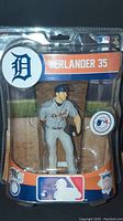 Front view of Justin Verlander action figure in original blister packaging, showing figure in pitching pose, Detroit Tigers logo and MLB markings
