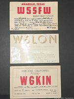Front photo showing three radio post card tickets with call signs and information from the 1950s.