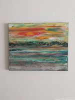 Full view of the signed original painting 'Summer Glade' showing colorful abstract landscape and texture.