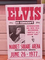 Poster showing Elvis concert details and image, minor wear and small dried water stain bottom left.