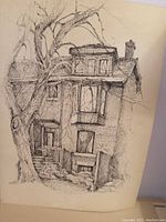 Detailed view of a two-story house with a large tree in front, showcasing intricate pen work on thick artist paper