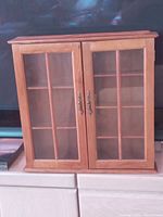 Front view of the vintage wooden curio cabinet showing glass paneled double doors and brass pulls