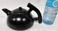 Side view of black ceramic teapot next to a water bottle for size reference, showing the rounded body, spout, and angular handle.