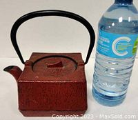 Side view of vintage cast iron teapot next to a water bottle for size reference