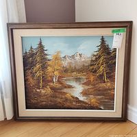 Frontal photo of the landscape painting showing the full artwork and frame, highlighting the signature and overall condition.