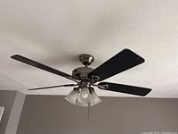 Ceiling fan mounted on a white ceiling, showing the five black blades and four glass lamps.